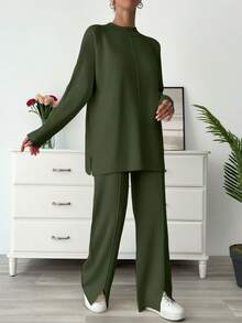 EURMUSE Knitwear Basic Oversize Co-Ords Solid Color Long Sleeve Loose Sweater And Trousers - Khaki - View 5