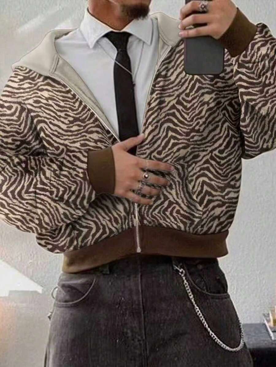 Manfinity Dauomo 男士翻领拉链休闲连帽衫，秋冬季长袖上衣 - 彩色 - 查看 1