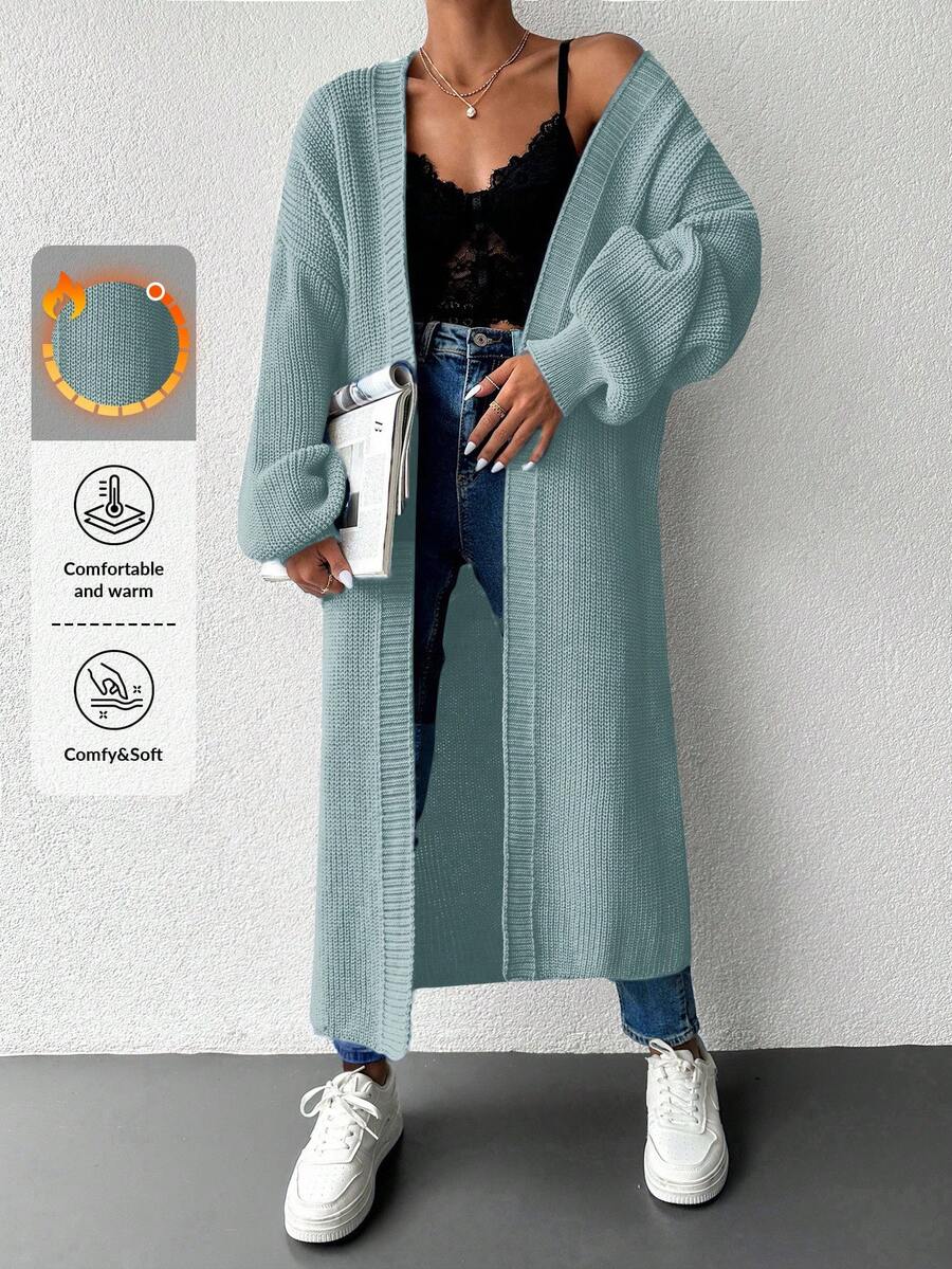 EURMUSE Solid Color Drop Shoulder Open Front Cardigan - Blue - View 1