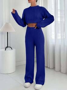 EURMUSE Women's Plain Drop Shoulder Long Sleeve Crop Top And Knitted Pants Casual Suit,Petite Co Ord Set,Petite Co Ord,Winter Co Ord Set,Co Ord,Loungewear Set,Petite,Winter Clothes - Blue - View 3
