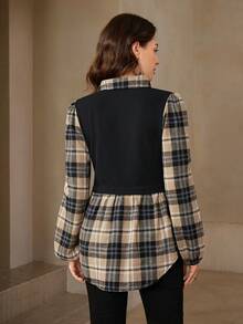 SHEIN LUNE Stand Collar Lantern Sleeve Knit Contrast Stitching Casual Geometric Print Shirts,Office Wear Women,Airport Outfit - Multicolor - View 2