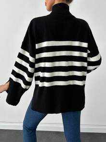 SHEIN Cottnline Striped Pattern Turtleneck Drop Shoulder Split Hem Sweater - Black - View 2
