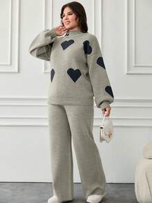EURMUSE 2pcs/Set Casual Heart Pattern High Neck Sweater - Beige - View 3