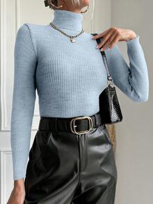 EURMUSE Suéter De Cuello Alto De Color Liso Para Mujer - azul real - Ver 3