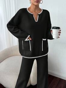 EURMUSE V-Neck Color Block Trim Pullover Sweater And Long Pants Knitwear 2 Piece Set - Black - View 4
