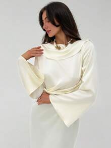 Aloruh Romantic Date Party Flare Sleeve Backless Ribbon Maxi Apricot Satin Dress For Women Bride - Apricot - View 6