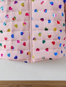 Tween Girl Elegant Pink Heart Laser Print Quilted Fabric Ribbed Cuff Long Winter Warm Cotton Padded Zip-Up Jacket
