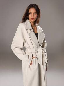 TRNVIE 女士杏色长款外套，翻领，带腰带，带口袋，休闲/日常通勤，秋冬款 - 杏色 - 查看 3