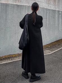 FRIFUL 女士纯黑色翻领系带长袖修身休闲长款大衣，适合秋冬季穿着。 - 黑色 - 查看 5