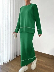 EURMUSE Conjunto de suéter y falda de mujer con cuello redondo, hombros caídos y patrón de rayas de unicolor - Verde - Ver 5