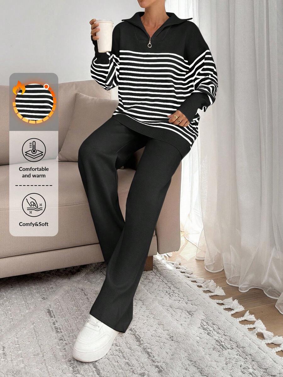 EURMUSE Women Stripe Pattern Zip Detailed Neck Drop Shoulder Pullover & Sweater Pants Set - Black - View 1