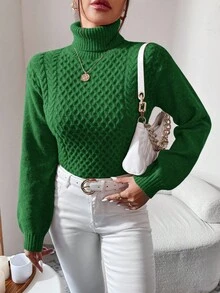 EURMUSE Turtleneck Cable Knit Sweater - Green - View 3