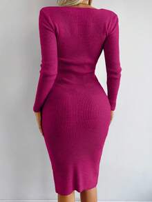 EURMUSE Vestido de punto ajustado de manga larga con cuello en V acanalado de unicolor para mujer en otoño - Rojo violeta - Ver 2