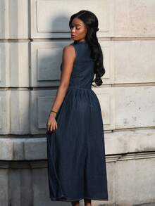 Váy quấn denim thường ngày không tay cổ chữ V sâu cho nữ - Màu xanh lam - Xem 4