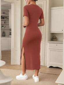 SHEIN Frenchy 女式休闲纯色方领短袖连衣裙 - 亮橙色 - 查看 3