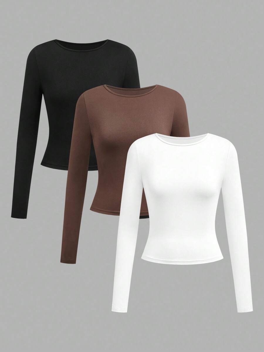 SHEIN EZwear 3 件套女士休闲宽领紧身长袖 T 恤套装，秋冬 - 彩色 - 查看 1