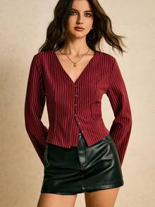 Poéselle 女士时尚通勤条纹喇叭袖衬衫 - 紅色 - 查看 3