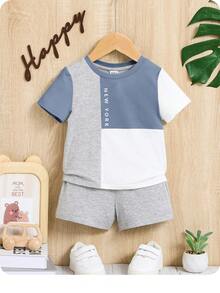 Baby Boy Casual Color Block Letter Printed T-Shirt And Solid Color Shorts Set