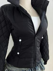 Elamini 女式黑色夹棉大衣，收腰，长袖，口袋，立领，优雅，适合日常穿着、通勤、百搭，秋冬 - 黑色 - 查看 7