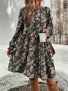 EMERY ROSE 休闲简约碎花图案宽松圆领大码连衣裙，适合秋冬季 - 彩色 - 查看 3