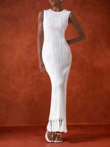 Zivah 2025 Summer New Casual Vacation Elegant Round Neck Sleeveless Slim Fit White Texture Knitted Splicing Tassel Hem Women Midi Dress, Commuter,Seaside, Vacation, Travel, Cruise, Beach, Boho, Nomadic, Daily Travel, Graduation, Brunch Outfit, Airport Outfit, Casual, Back To School-A