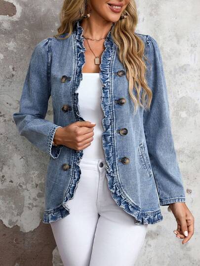 EMERY ROSE Plus Size Women's Casual Denim Jacket With Lapel, Double-Breasted, Ruffle Hem, Versatile
