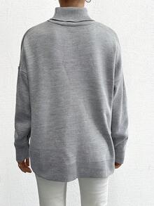SHEIN Cottnline 女款純色寬鬆高領毛衣 - 淺灰色 - 查看 2