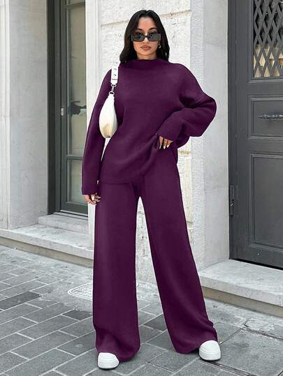 SHEIN Tall Women Solid Drop Shoulder Sweater & Knit Pants Women Purple Two Piece Set Women