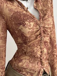 SHEIN Unity Blusa elegante de manga larga con cintura ceñida y estampado de paisley bohemio para mujer - Multicolor - Ver 4