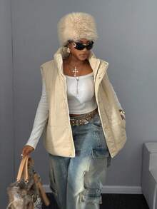 Maweii 大码灯芯绒背心外套，秋冬时尚 - 杏色 - 查看 2