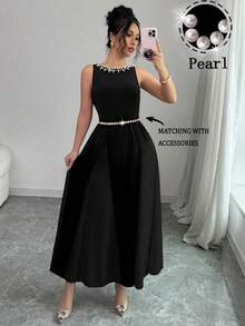 Elenzga 女士优雅串珠装饰无袖收腰连衣裙