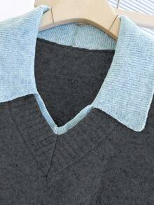 Franclia V-Neck 2 In 1 Long Sleeve Sweater, Autumn/Winter - Dark Grey - View 8