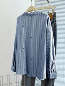 GlowEve CURVE Plus Size Autumn Striped Bow Print Button Front Long Sleeve Shirt - Royal Blue - View 2