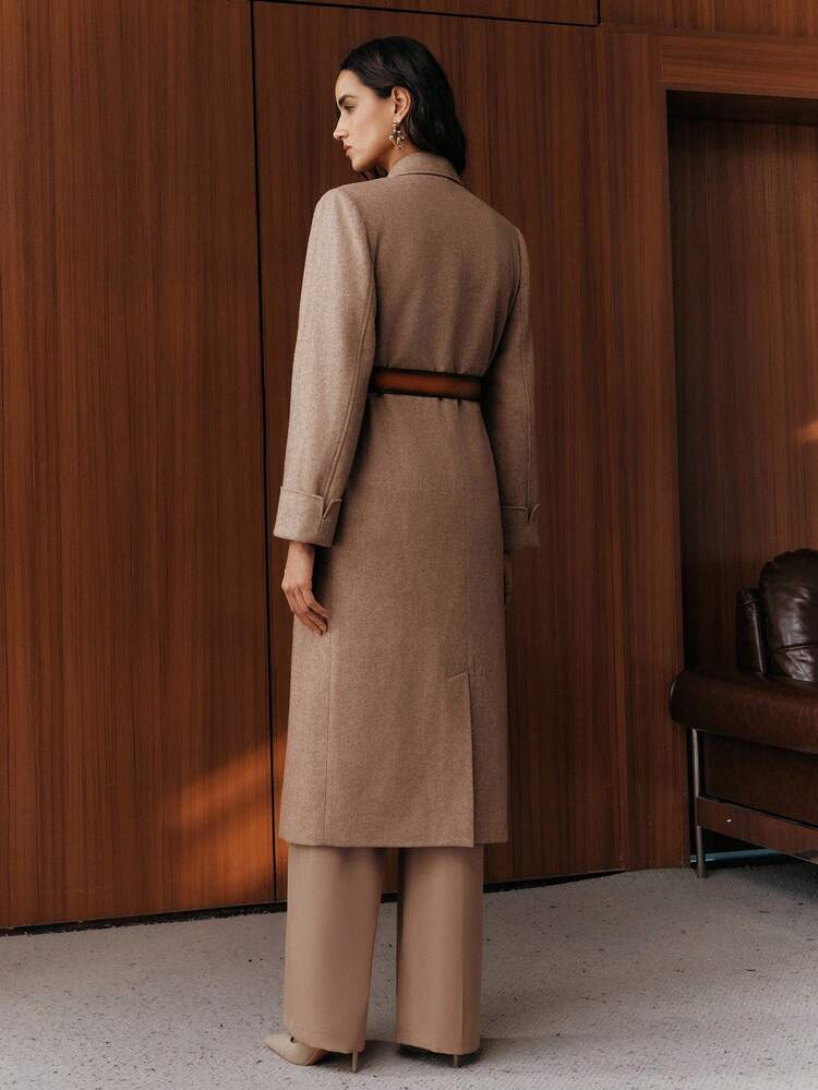 女性用エレガントなベルト付き ロング ウール混コート、秋、冬、外出、フォーマル、パーティー、シック、新年に活躍する多用途でファッショナブル