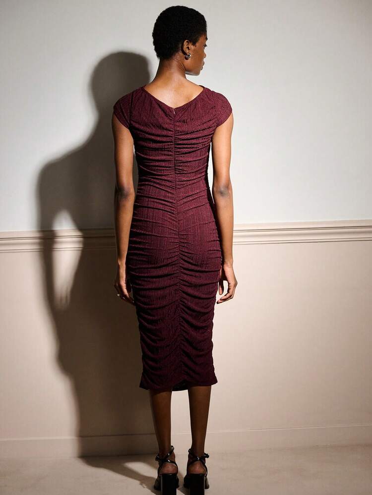 Burgundy Textured Knit Fabric Fitted Midi Dress With Short Sleeves Gathered Front And Back Seam Details And Cut Out Neck Evening Chic Party Spring Summer Valentines Day