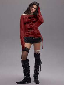 ROMWE Grunge Punk Kpop浪漫朋克风十字架字母印花露肩长袖T恤女款