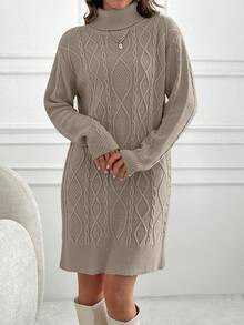 EURMUSE Knitwear Dress With Folded Neck And Cable Pattern - Rust Brown - View 8