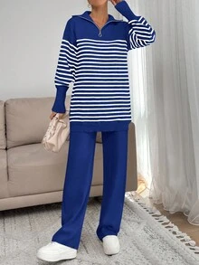 EURMUSE Women Stripe Pattern Zip Detailed Neck Drop Shoulder Pullover & Sweater Pants Set - Blue - View 5