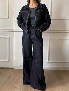 Livesso Women's Casual Collared Top And Loose Fit Jeans Set, Autumn - Blue - View 4