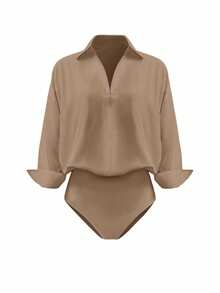 INAWLY B074 Solid Color Drop Shoulder Long Sleeve Bodysuit