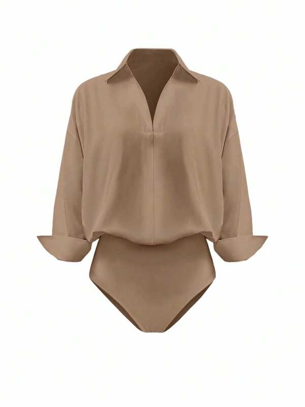 INAWLY B074 Solid Color Drop Shoulder Long Sleeve Bodysuit