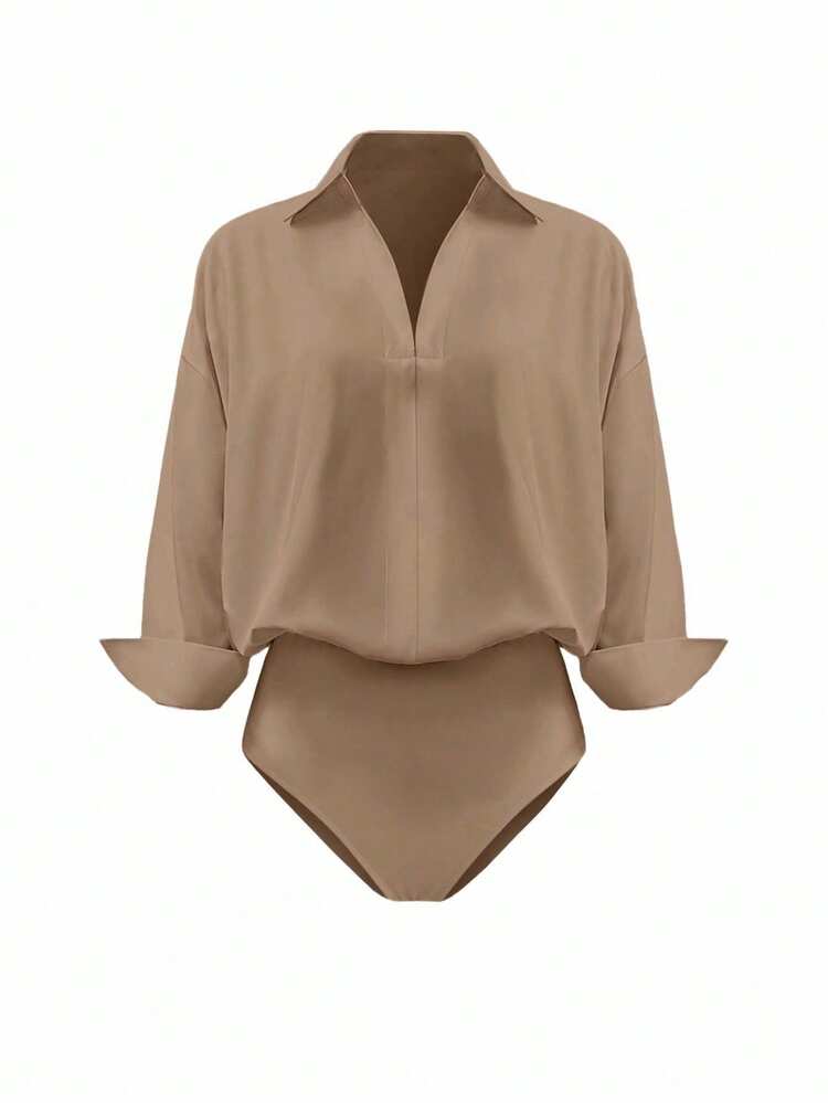 INAWLY Body à manches longues avec épaules tombantes de couleur unie