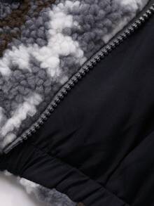 DAZY 花卉印花复古羊羔绒衬里连帽拉链宽松休闲街头女式夹克，秋冬 - 灰色 - 查看 7