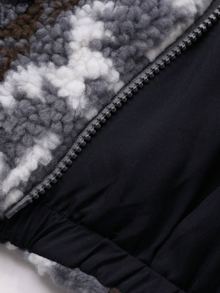 Floral Print Vintage Sherpa Lined Hooded Zip-Up Loose Casual Street Jacket For Women, Autumn/Winter