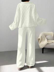 EURMUSE Woman Checkered Jacquard Polo Neck Two Pieces Sweater And Pants Co-Ords - White - View 2