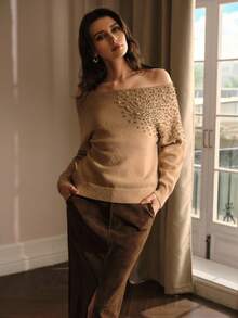 MOTF PREMIUM WOMEN'S AUTUMN NEW ROUND NECK LONG SLEEVE LOOSE FAUX PEARL RHINESTONE EMBELLISHED ELEGANT SWEATER