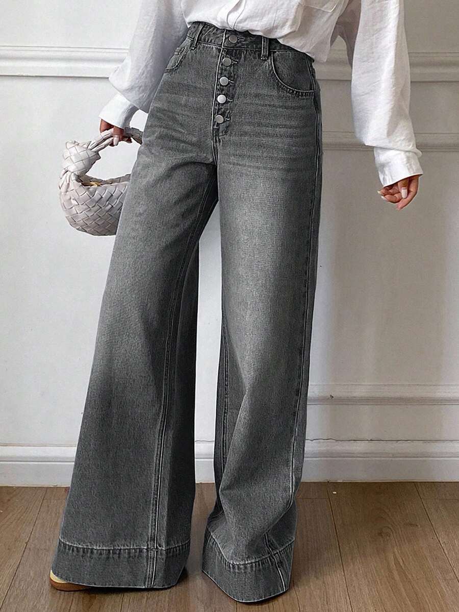 Livesso 女式高腰宽松破洞长款牛仔裤 - 深灰色 - 查看 1