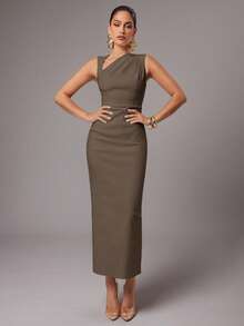 Silquee Women's Elegant Solid Color Asymmetric Collar Sleeveless Dress, Summer