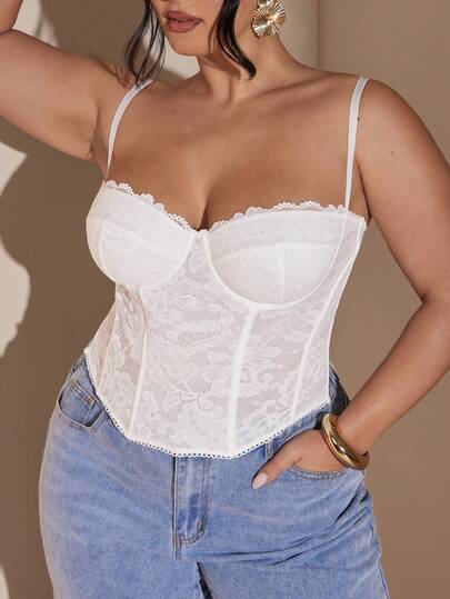 SHEIN BAE Top de camisola transparente de encaje sexy, atuendo de fiesta, cita, casual, sujetador bonito, top sexy de club, top de corsé, top sin tirantes, top para salir, blusas de verano, top lindo, conjuntos de verano para mujer, top de encaje