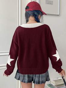 SHEIN 少女女孩酒红色和白色撞色V领宽松图案套头毛衣 - 酒紅色 - 查看 3